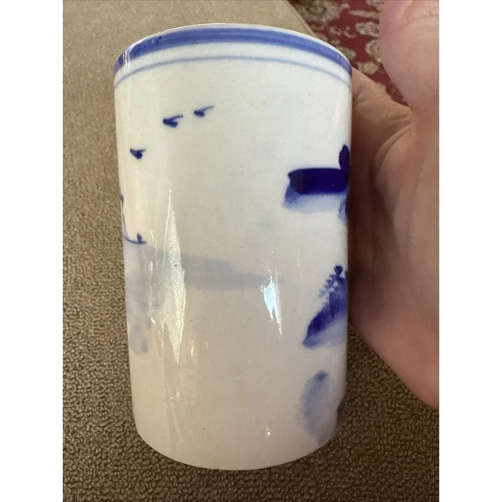 Vintage Blue & White Hand Painted Brush Pot Landscape 4.5